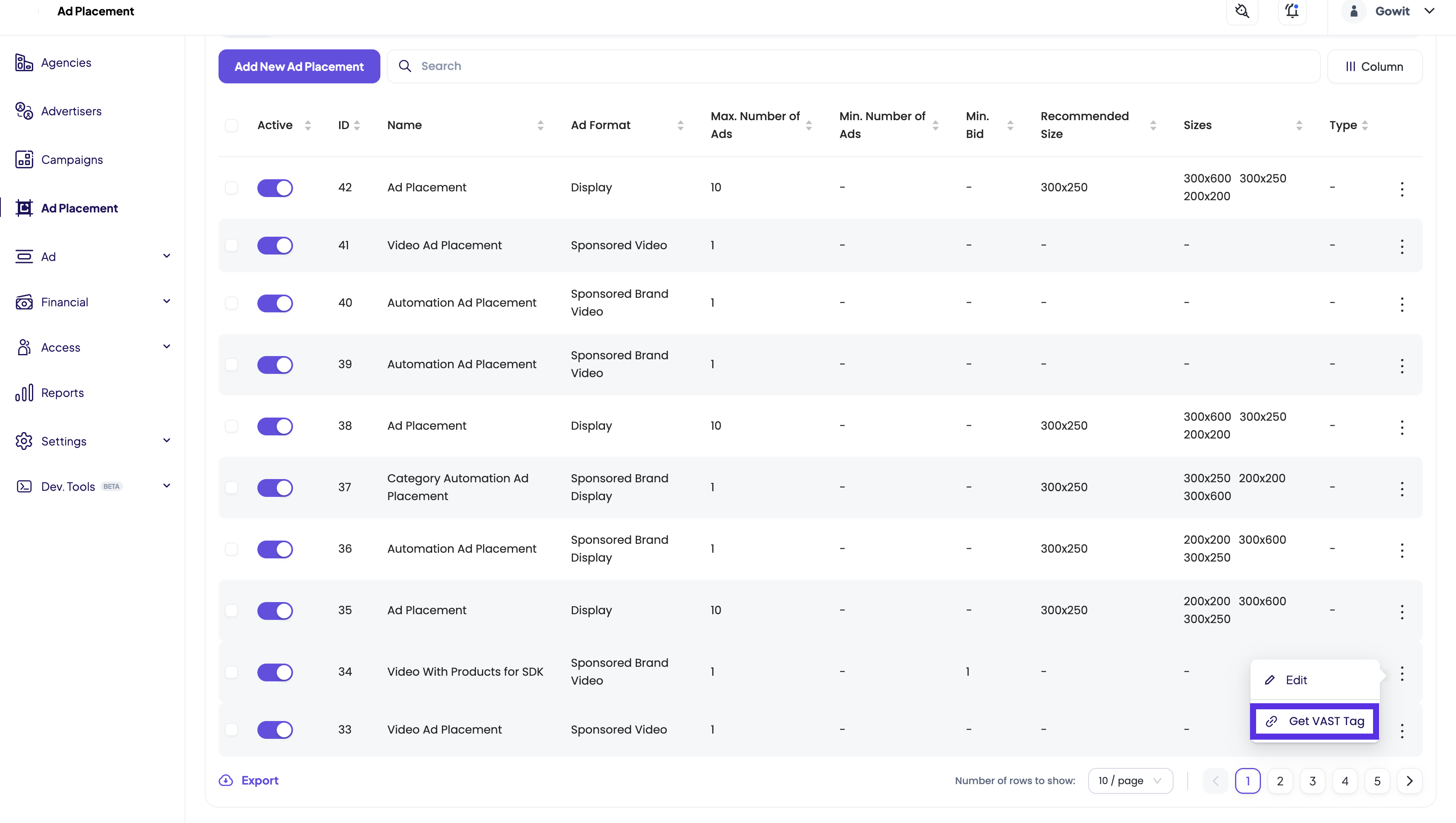 Where to find the VAST tag in the dashboard